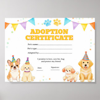 Dog puppy adopt a pet certificate poster