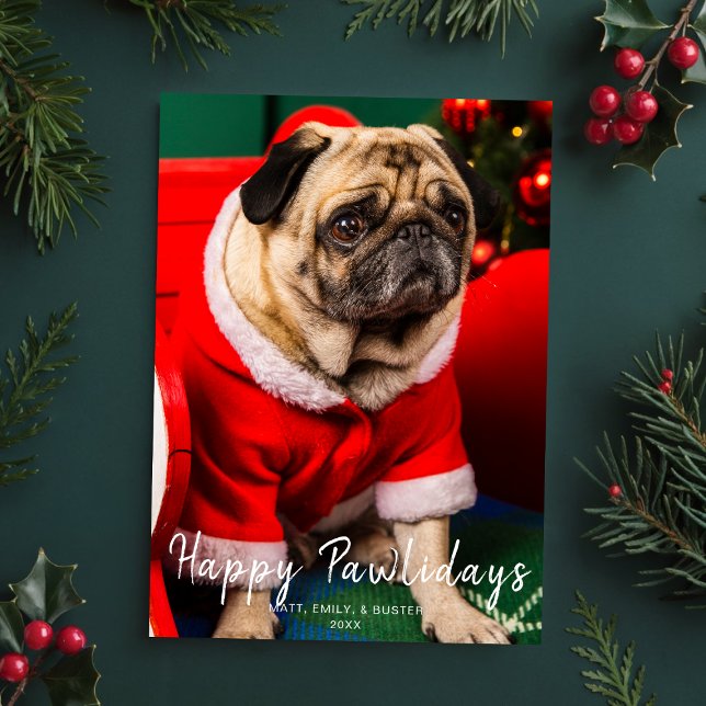 Dog Puppy Christmas Photo Happy Pawlidays Red Holiday Card (Creator Uploaded)