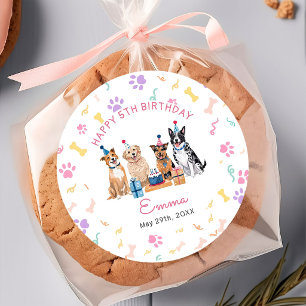 Dog Puppy Pink Bow Girls Birthday Party Classic Round Sticker