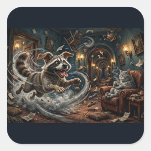 Dog Raccoon Chaos – Whimsical Tea Time Cat Sticker