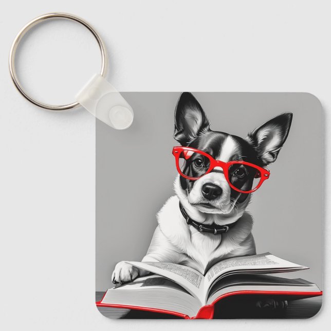 Dog Reading Book Keychain (Front)