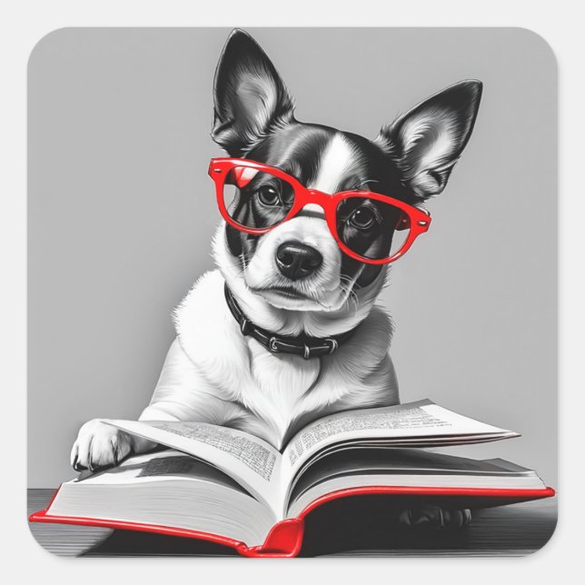 Dog Reading Book Square Sticker (Front)