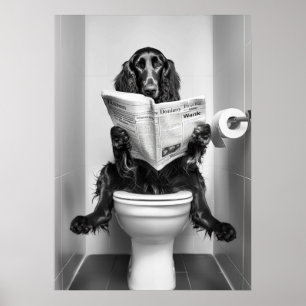 Dog Reading Newspaper on Toilet Poster