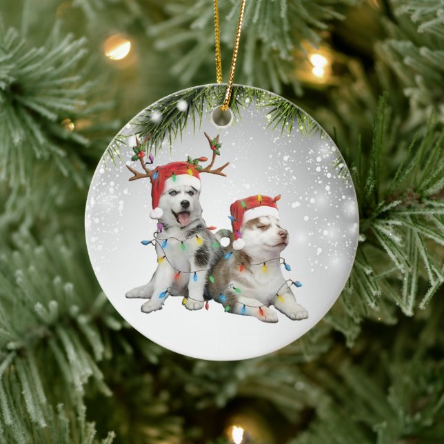 Dog Reindee Siberian Husky icee chuksha puppy pet  Ceramic Ornament (Tree)