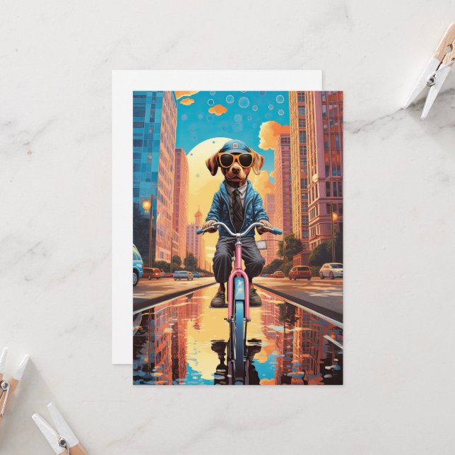 Dog Riding a Bicycle in the City Invitation (Front/Back In Situ)