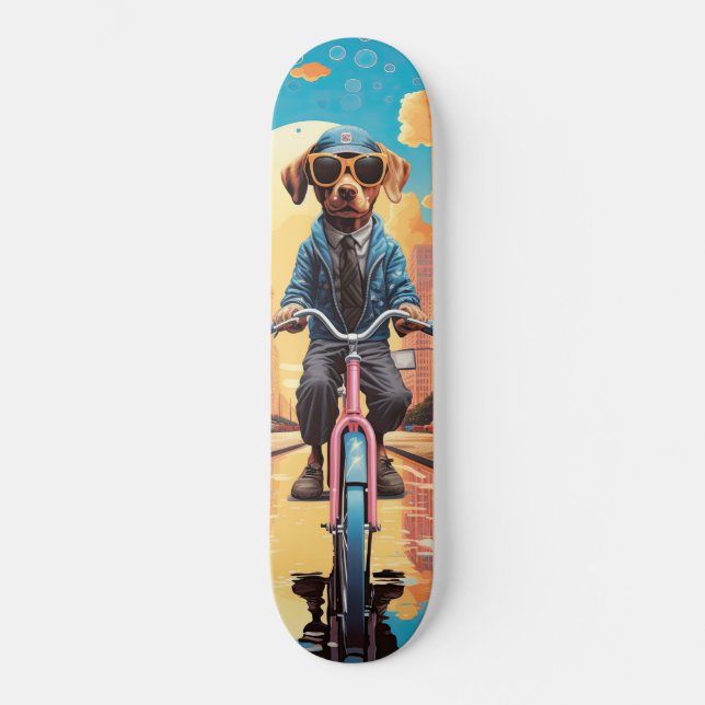 Dog Riding a Bicycle in the City Skateboard (Front)