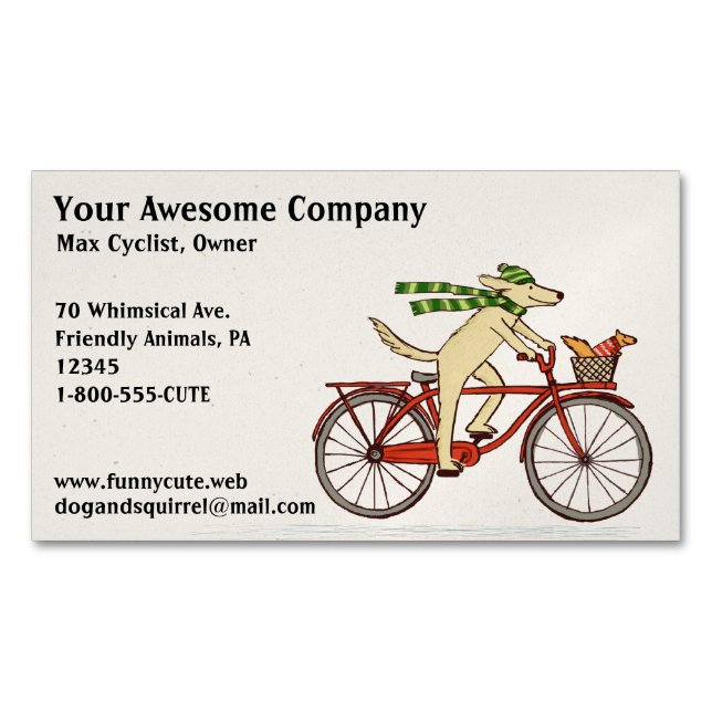 Dog Riding a Bicycle with Squirrel | Cute Animals Magnetic Business Card (Front)