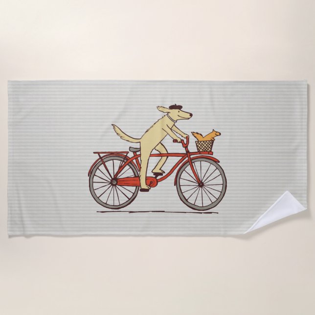 Dog Riding a Bicycle with Squirrel Fun Animal Art Beach Towel (Front)
