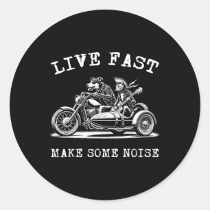 Dog Riding Motorcycle And Cat Playing Guitar Punk  Classic Round Sticker
