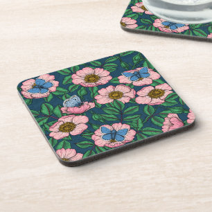 Dog rose and butterflies coaster