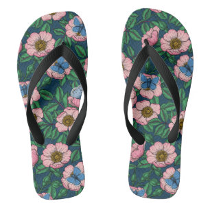 Dog rose and butterflies flip flops