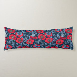 Dog rose and butterflies in blue and red body pillow