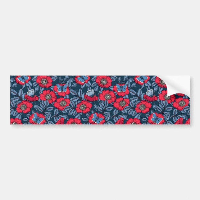 Dog rose and butterflies in blue and red bumper sticker (Front)