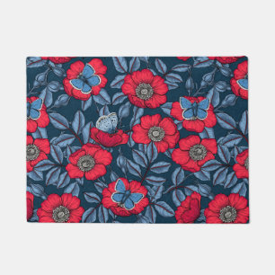 Dog rose and butterflies in blue and red doormat