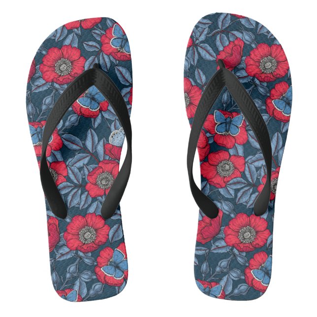 Dog rose and butterflies in blue and red flip flops (Footbed)