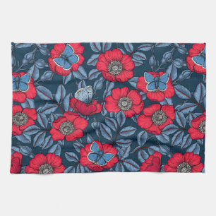 Dog rose and butterflies in blue and red kitchen towel
