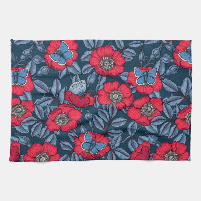 Dog rose and butterflies in blue and red kitchen towel (Horizontal)