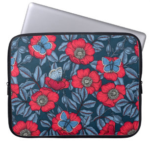 Dog rose and butterflies in blue and red laptop sleeve