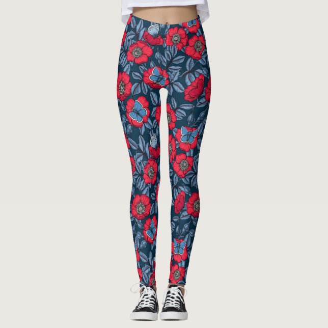 Dog rose and butterflies in blue and red leggings (Front)