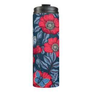 Dog rose and butterflies in blue and red thermal tumbler