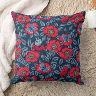 Dog rose and butterflies in blue and red throw pillow