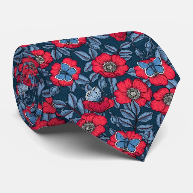 Dog rose and butterflies in blue and red tie (Rolled)