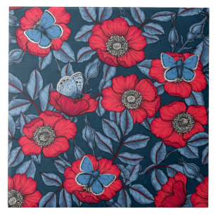 Dog rose and butterflies in blue and red tile