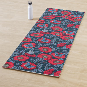 Dog rose and butterflies in blue and red yoga mat