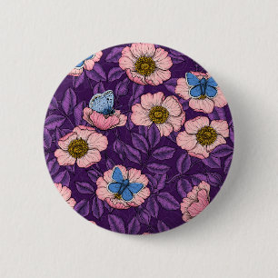 Dog rose and butterflies in pink and purple 2 inch round button
