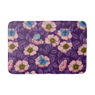 Dog rose and butterflies in pink and purple bath mat