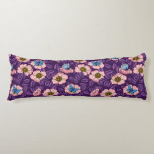 Dog rose and butterflies in pink and purple body pillow