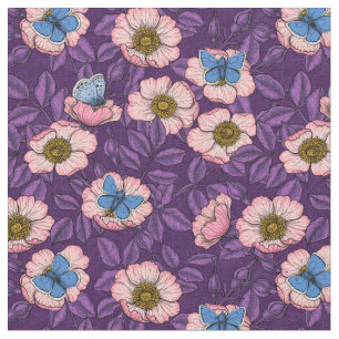 Dog rose and butterflies in pink and purple fabric