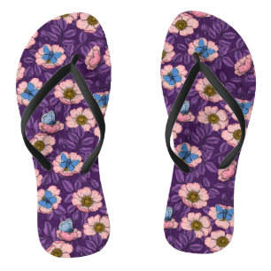 Dog rose and butterflies in pink and purple flip flops
