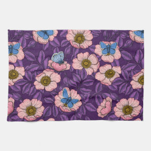 Dog rose and butterflies in pink and purple kitchen towel