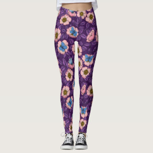 Dog rose and butterflies in pink and purple leggings