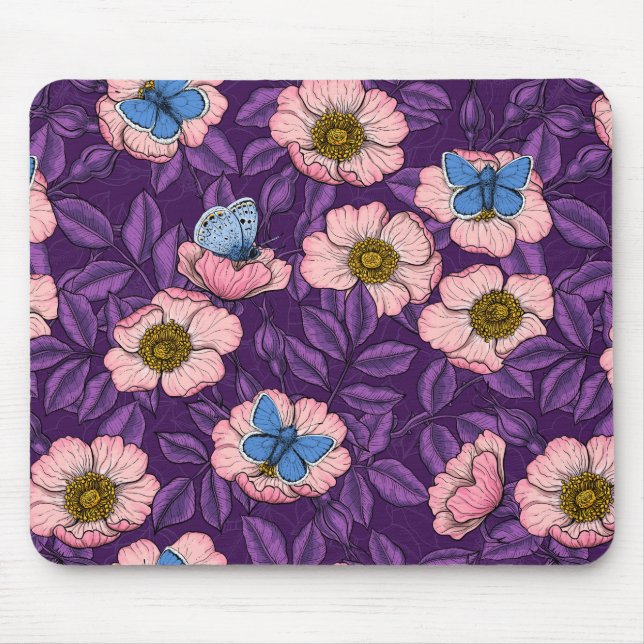 Dog rose and butterflies in pink and purple mouse pad (Front)