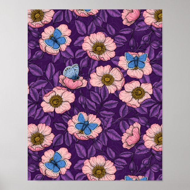 Dog rose and butterflies in pink and purple poster (Front)