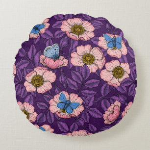 Dog rose and butterflies in pink and purple round pillow