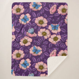 Dog rose and butterflies in pink and purple sherpa blanket