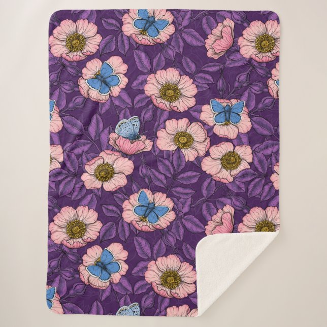 Dog rose and butterflies in pink and purple sherpa blanket (Front)