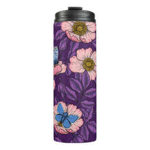 Dog rose and butterflies in pink and purple thermal tumbler