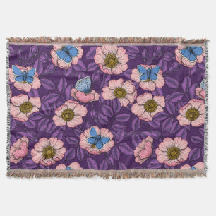 Dog rose and butterflies in pink and purple throw blanket