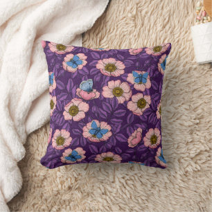 Dog rose and butterflies in pink and purple throw pillow