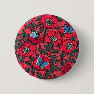 Dog rose and butterflies in red and blue 2 inch round button