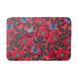 Dog rose and butterflies in red and blue bath mat