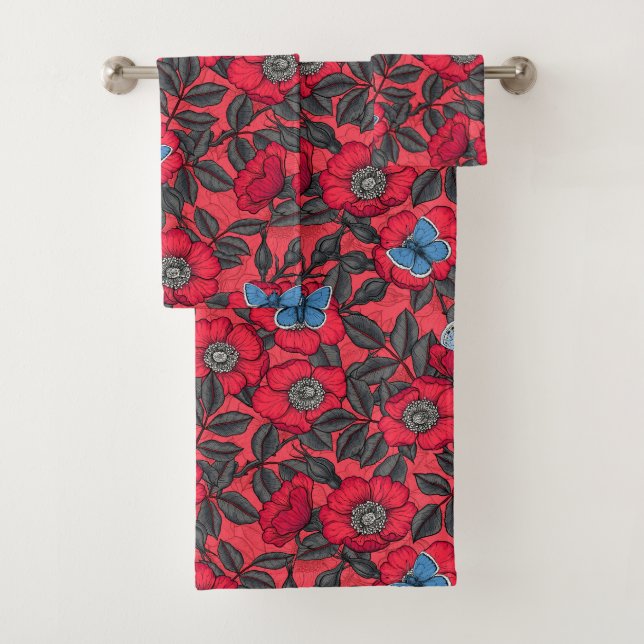 Dog rose and butterflies in red and blue bath towel set (Insitu)