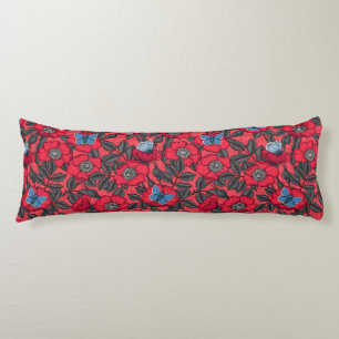 Dog rose and butterflies in red and blue body pillow