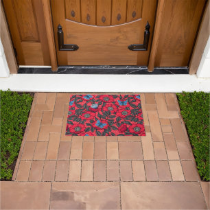 Dog rose and butterflies in red and blue doormat