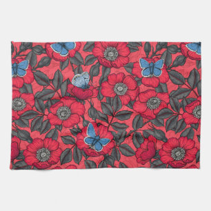 Dog rose and butterflies in red and blue kitchen towel