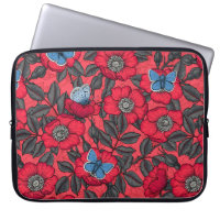 Dog rose and butterflies in red and blue